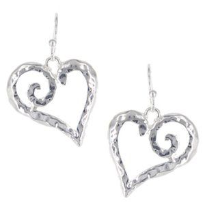 Silvertone Dangle Abstract Swirl Design Heart Earrings on Euro Hooks 3/4" L